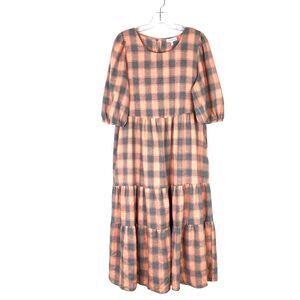 Calista Tiered Maxi Dress Size M Orange Gray Plaid Flannel Peasant Prairie Boho